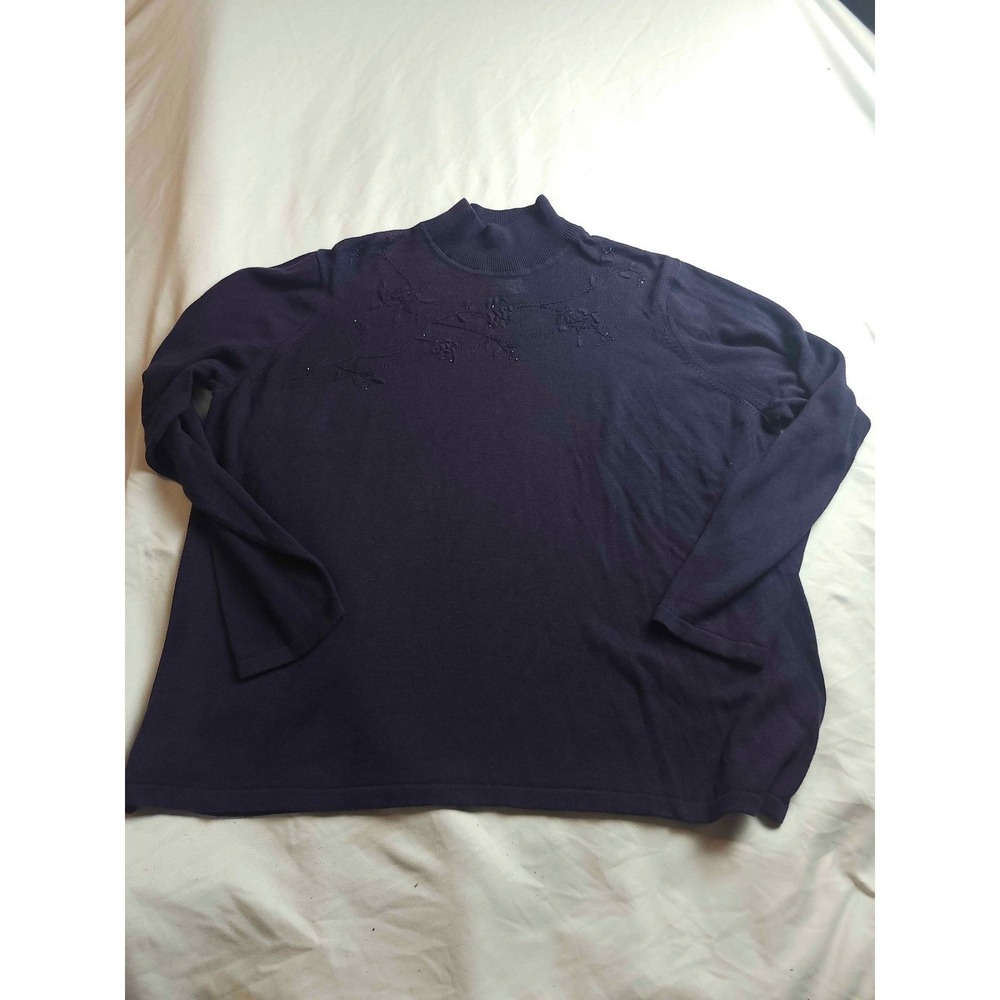 Rena‎ Rowan Navy Blue Mock Neck Floral Beaded Knit Sweater Womens 2X Plus Size